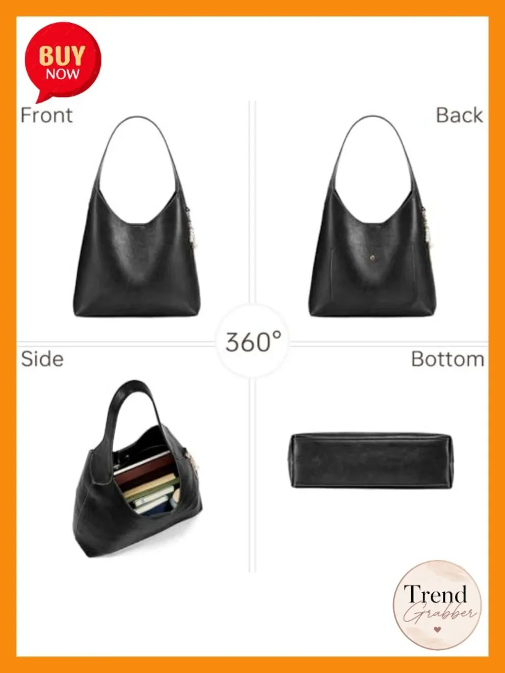 Grained Leather Slouchy Hobo Shoulder Bag with Magnetic Closure and Beaded Charm